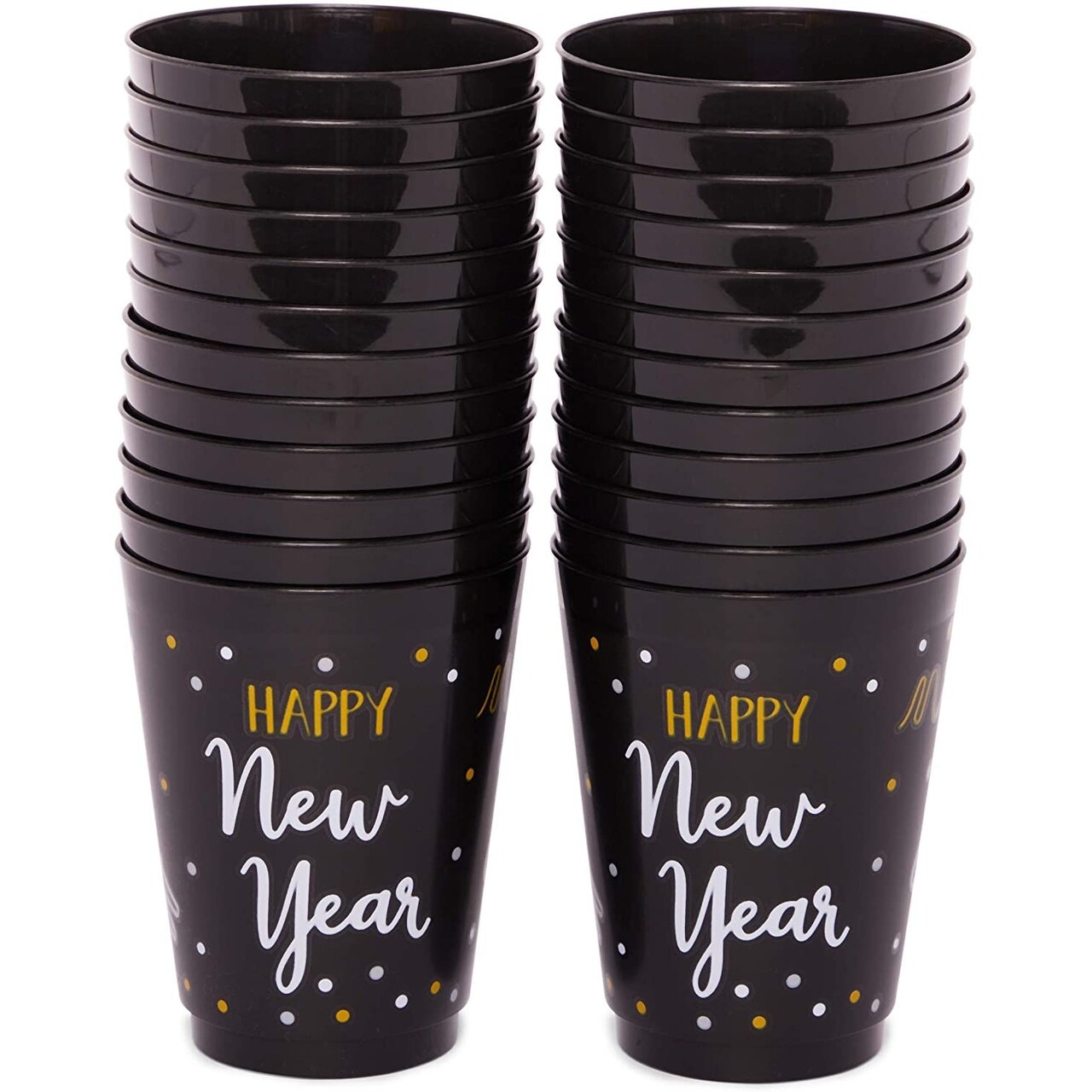 Happy New Year Party Cups, Reusable Plastic NYE Party Supplies (Black, 16 oz, 24 Pack)
